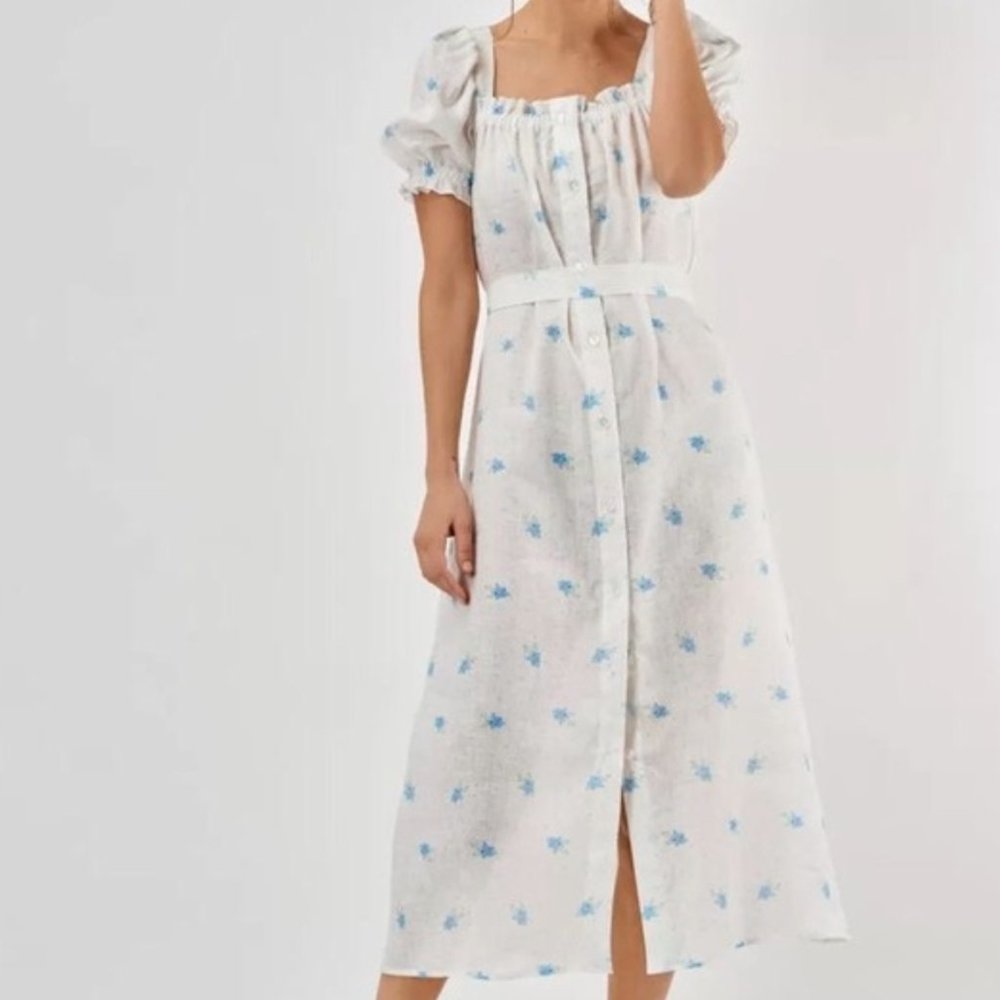 Sleeper Brigitte Linen Dress in Blue Floral Sz. Small